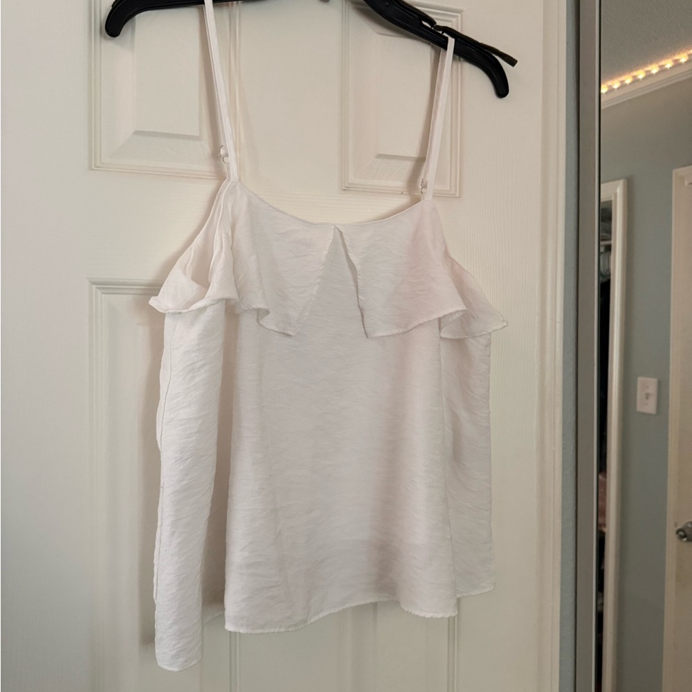 White Ruffle-Trim Spaghetti Strap Tank Top